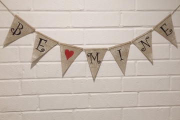 BE MINE Burlap Banner "White Washed"